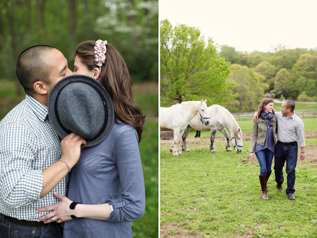couple on a farm with white horses engagement session holmdel park new jersey kay english photography