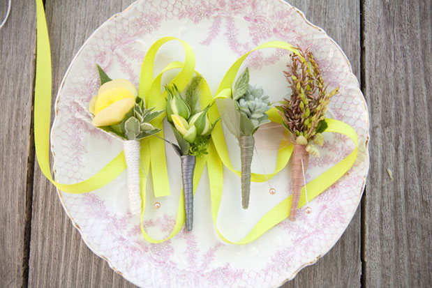 yellow boutonnieres pink vintage plate