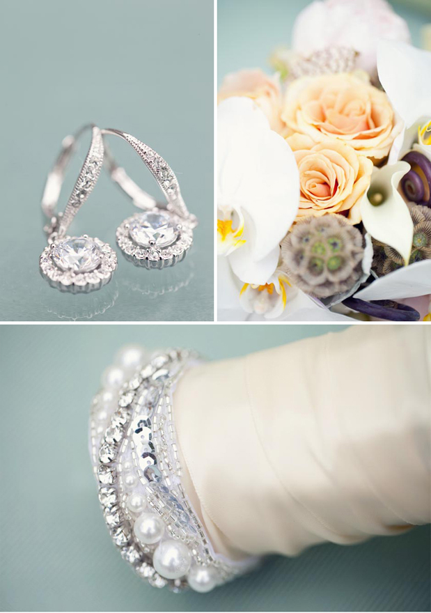 aqua peach cream glam beach wedding vintage glitter bouquet jewels