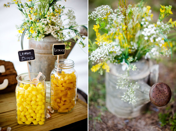 yellow rustic flowers watering can yellow candy chalkboard signs